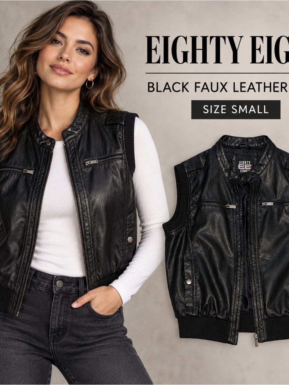 Eighty Eight Black Faux Leather Sleeveless Jacket Size Small